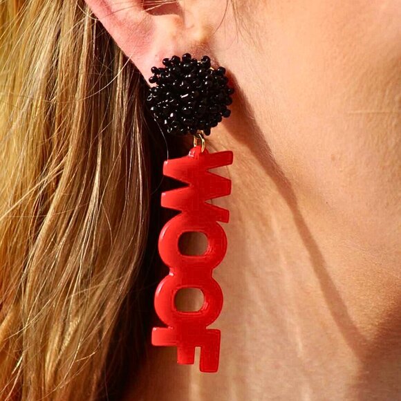 UGA WOOF Bead Acrylic Football Team Word Earrings - Picture 2 of 2